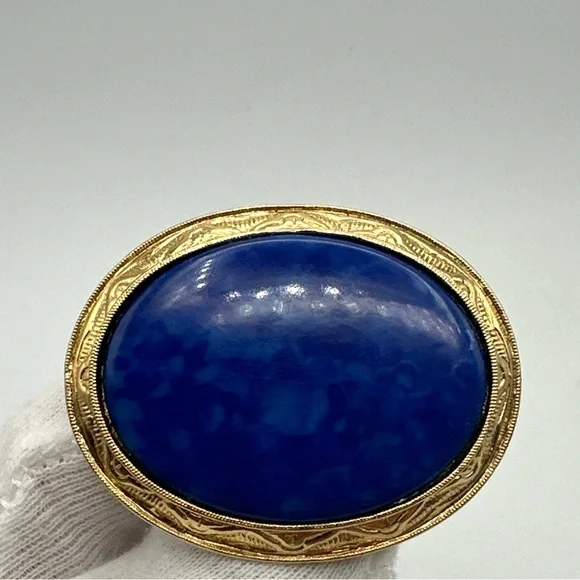 Vintage Blue Emitation Marble and Clasical gold Tone Brooch #766 - Picture 1 of 6